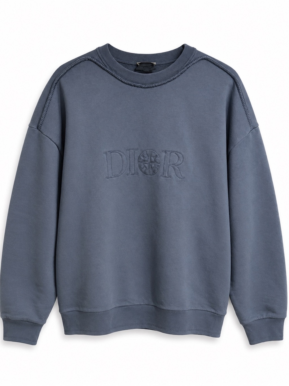 Dior Men's Crewneck Sweatshirt in Slate Blue with Embroidered Logo